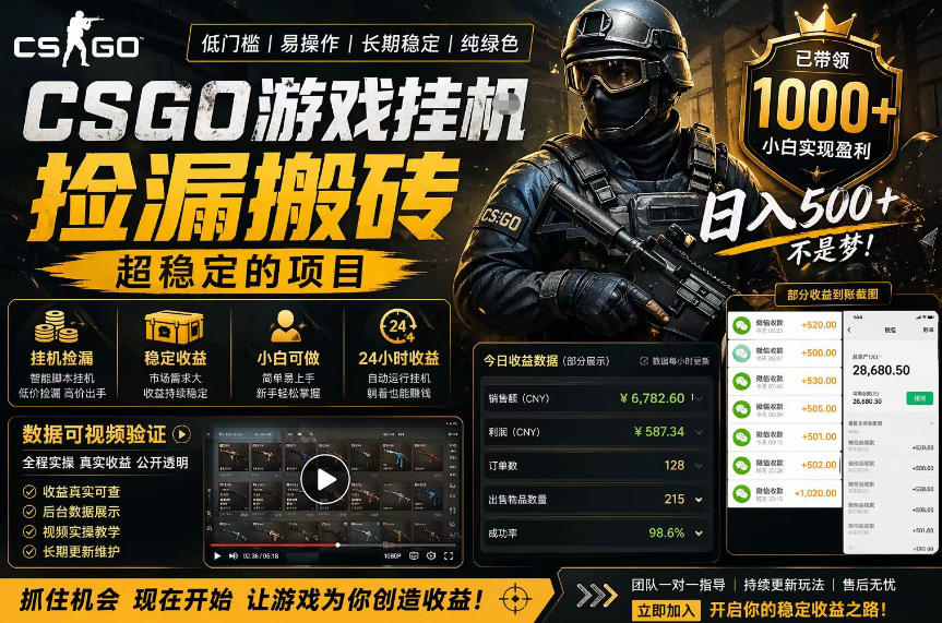 CSGO游戏搬砖，全自动挂G，不需要玩游戏，手机操作日入300+，解放双手【揭秘】-云享网创