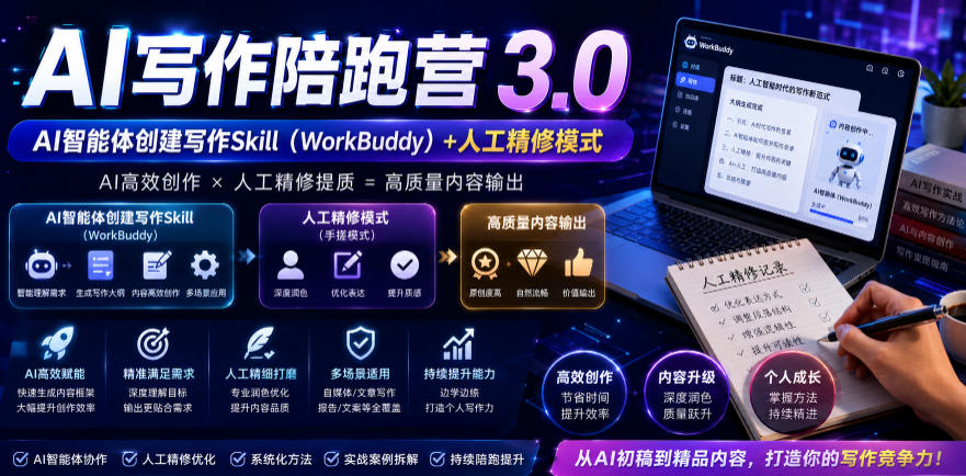 AI写作陪跑营3.0,Ai智能体创建写作skill(workbuddy)+人工手写模式(手搓模式),去除AI痕迹(头条号、公众号、百家号)(更新0730)-云享网创