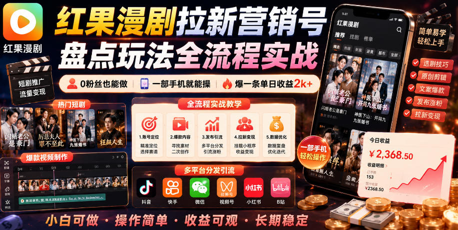红果漫剧拉新营销号盘点玩法全流程实战，0粉丝也能做，一部手机就能做，爆一条单日收益2k+(更新0628)-云享网创
