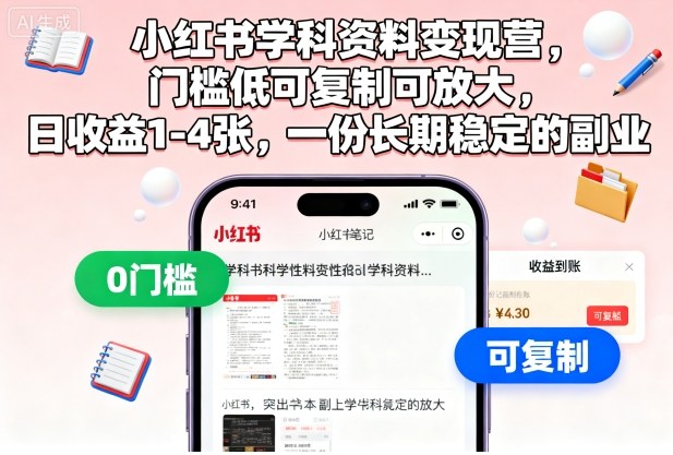 小红书学科资料变现营,门槛低可复制可放大,日收益1-4张,一份长期稳定的副业-云享网创