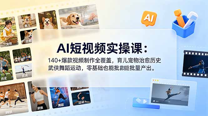 AI短视频实操课：140+爆款视频制作全覆盖，育儿宠物治愈历史武侠舞蹈运动，零基础也能批量产出-云享网创
