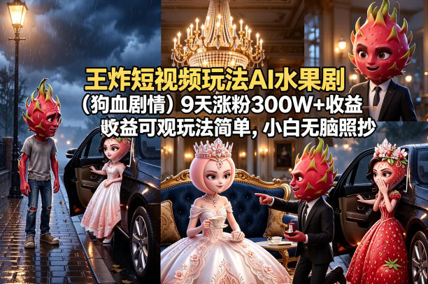 王炸短视频玩法AI水果剧(狗血剧情)9天涨粉300W+收益可观玩法简单,小白无脑照抄,详细拆解玩法-云享网创
