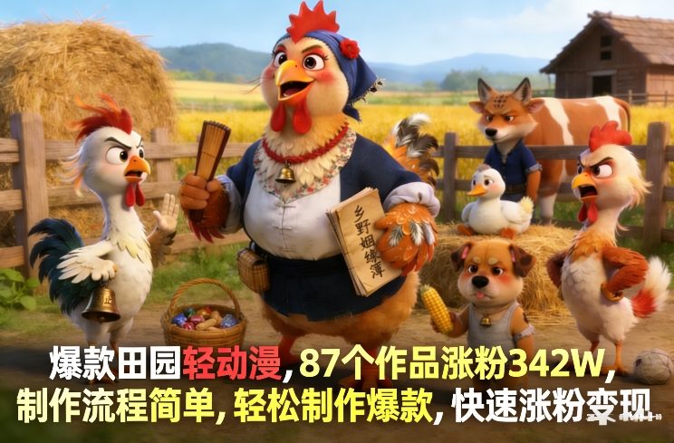 爆款田园轻动漫，87个作品涨粉342W，制作流程简单，轻松制作爆款，快速涨粉变现-云享网创