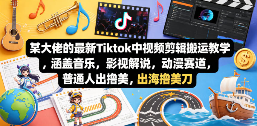 某大佬的最新Tiktok中视频剪辑搬运教学,涵盖音乐,影视解说,动漫赛道,普通人出海撸美刀-云享网创