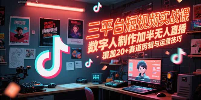 三平台短视频实战课，数字人制作加半无人直播，覆盖20+赛道剪辑与运营技巧-云享网创