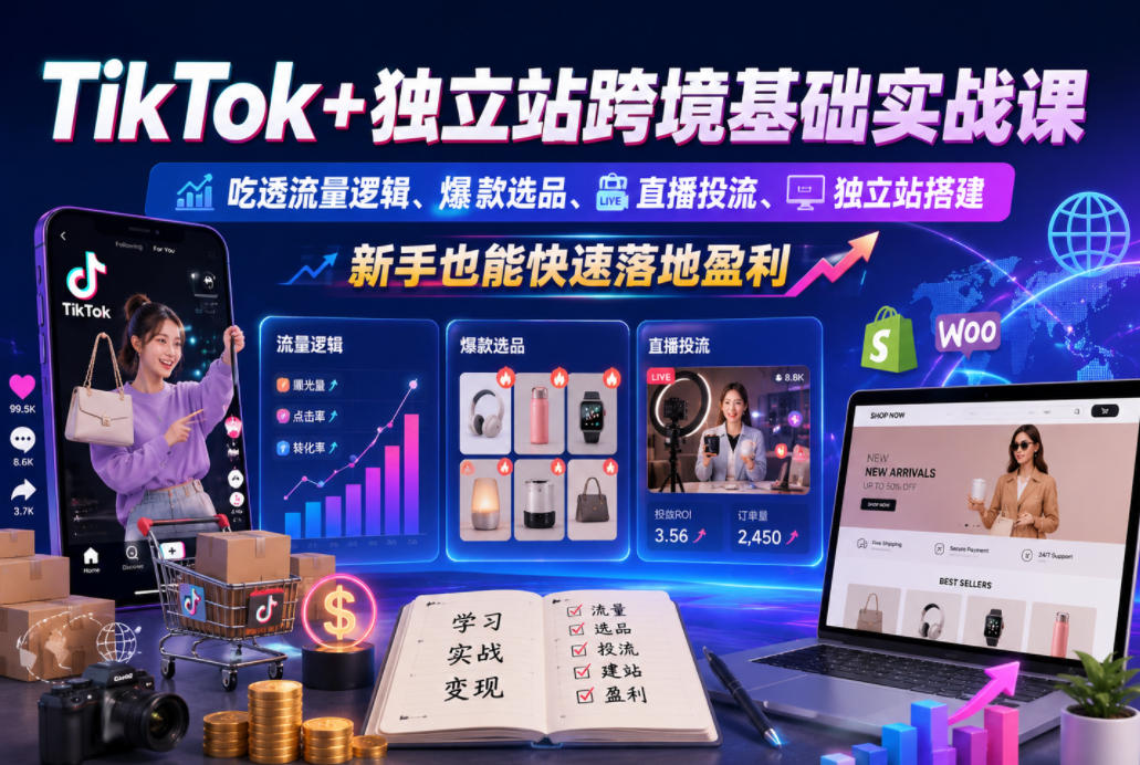 TikTok+独立站跨境基础实战课，吃透流量逻辑、爆款选品、直播投流与独立站搭建，新手也能快速落地盈利-云享网创