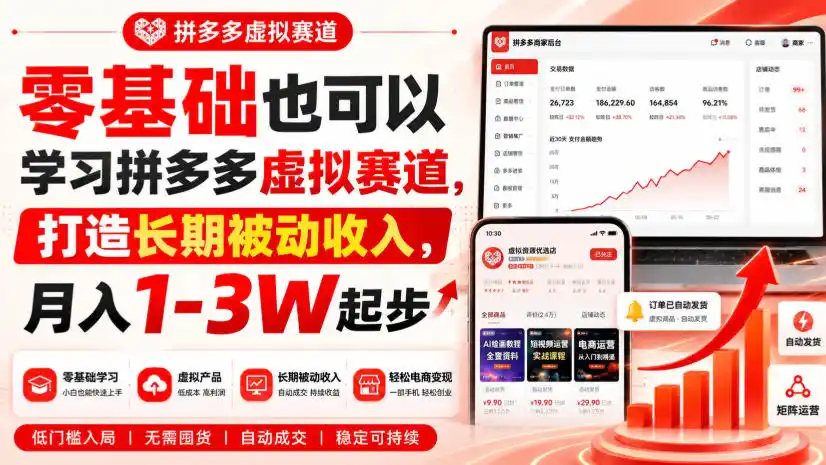 零基础也可以学习拼多多虚拟赛道,打造长期被动收入,月入1-3W起步-云享网创