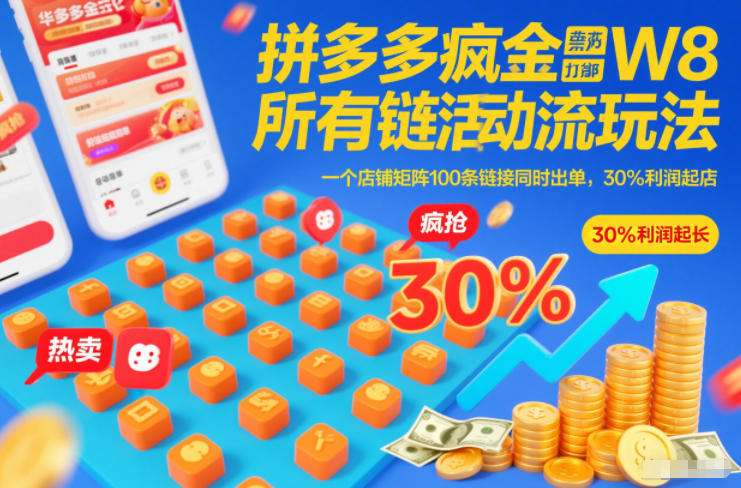 拼多多疯狂活动流玩法，所有链接全部打标，一个店铺矩阵100条链接同时出单，30%利润起店-云享网创