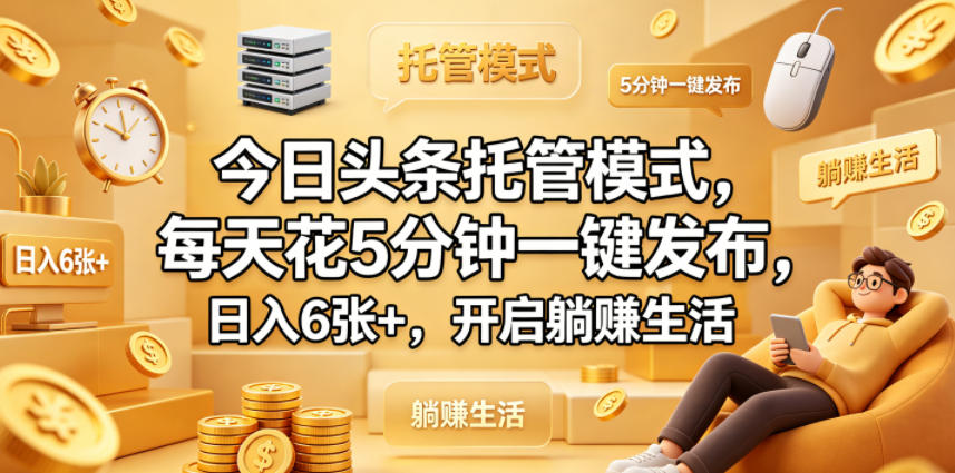 今日头条托管模式,每天花5分钟一键发布,日入6张+,开启躺賺生活【揭秘】-云享网创
