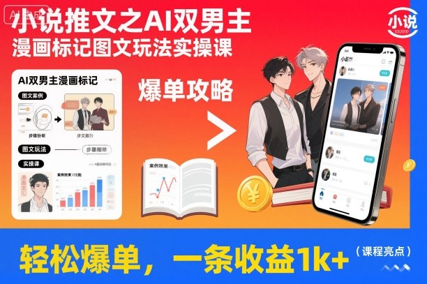 小说推文之AI双男主漫画标记图文玩法实操课,轻松爆单,一条收益1k+-云享网创