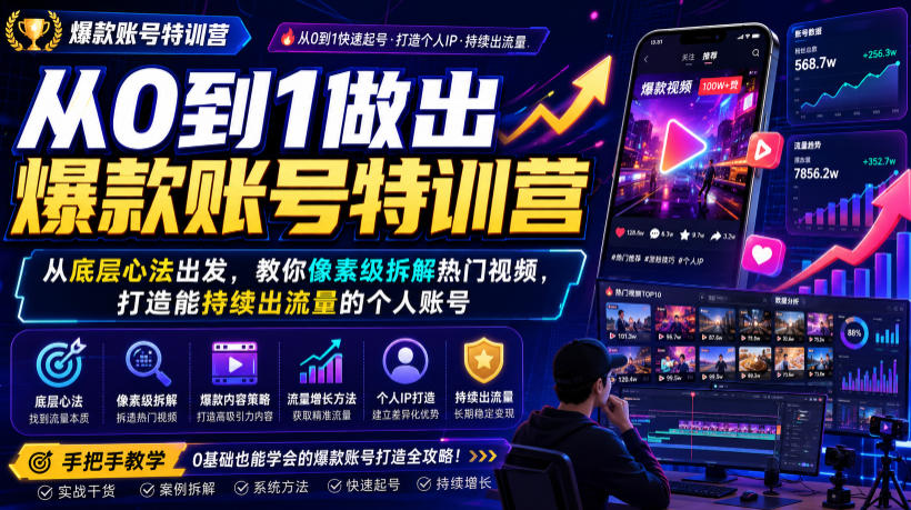 从0到1做出爆款账号特训营,从底层心法出发,教你像素级拆解热门视频,打造能持续出流量的个人账号-云享网创