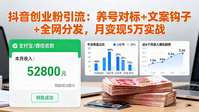 抖音创业粉引流：养号对标+文案钩子+全网分发，月变现5万实战-云享网创