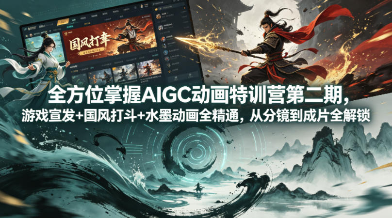 全方位掌握AIGC动画特训营第二期,游戏宣发+国风打斗+水墨动画全精通,从分镜到成片全解锁-云享网创