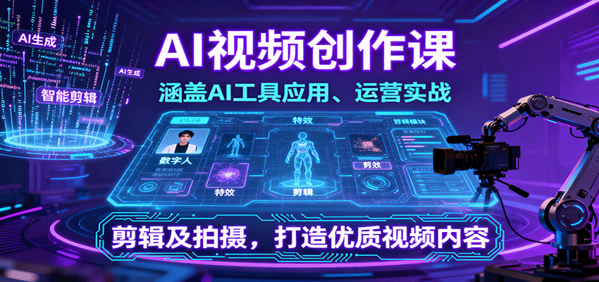 AI视频创作课，涵盖AI工具应用、运营实战、剪辑及拍摄，打造优质视频内容-云享网创