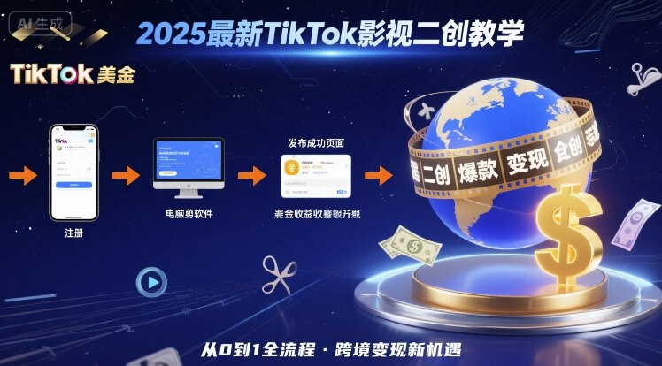 2025年最新TikTok影视二创教学，从注册到发布撸美金全流程，跨境变现新机遇-云享网创
