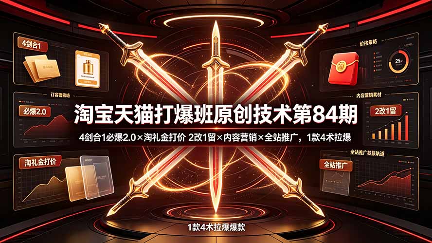 淘宝天猫打爆班原创技术第84期：4剑合1必爆2.0×淘礼金打价×2改1留×内容营销×全站推广，1款4术拉爆-云享网创