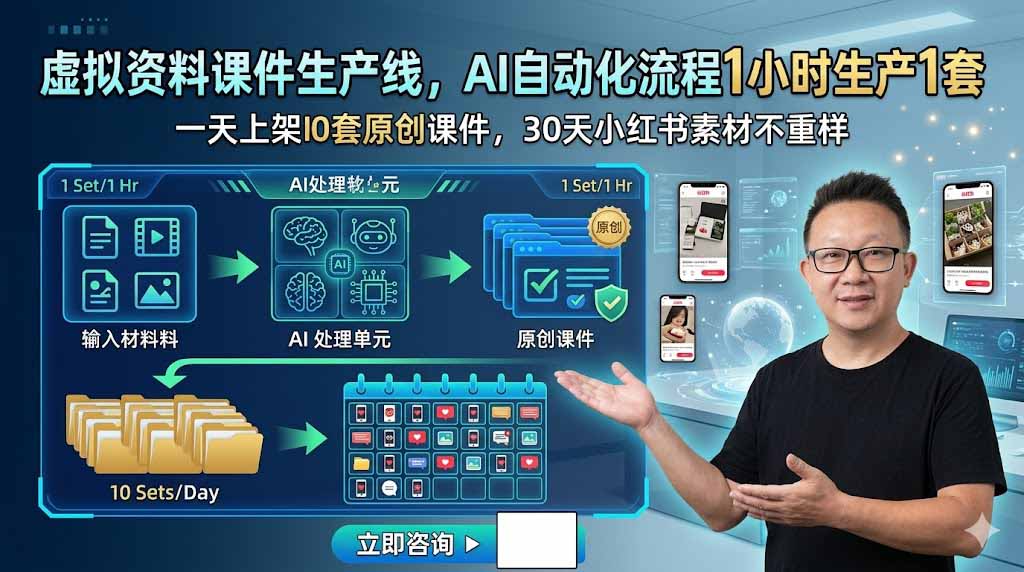 虚拟资料课件生产线，AI自动化流程1小时生产1套，一天上架10套原创课件，30天小红书素材不重样-云享网创