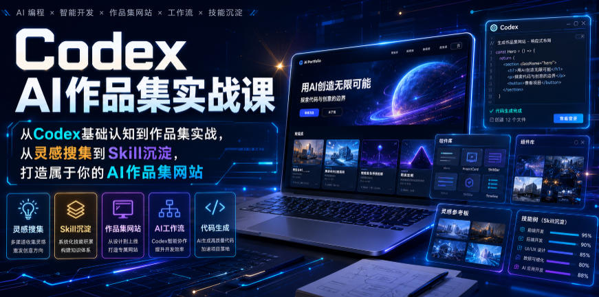 Codex AI作品集实战课，从Codex基础认知到作品集实战，从灵感搜集到Skill沉淀，打造属于你的AI作品集网站-云享网创
