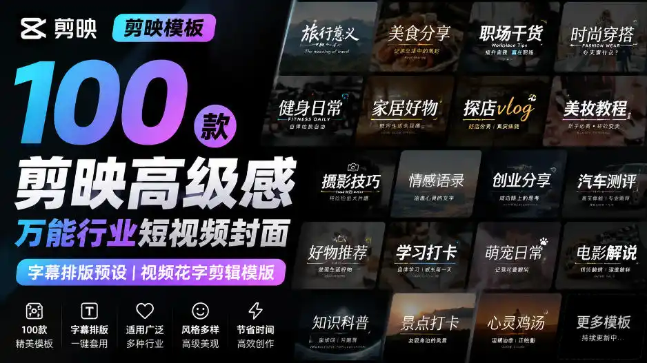 【剪映模板】100款剪映高级感万能行业短视频封面字幕排版预设视频花字剪辑模版-云享网创