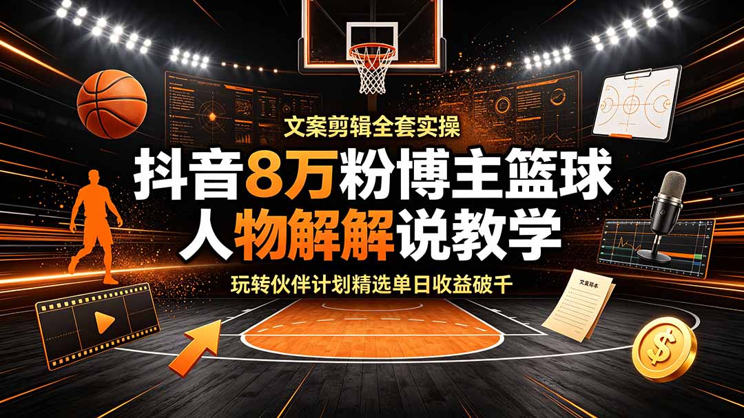 抖音8万粉博主篮球人物解说教学，文案剪辑全套实操，玩转伙伴计划精选单日收益破千-云享网创