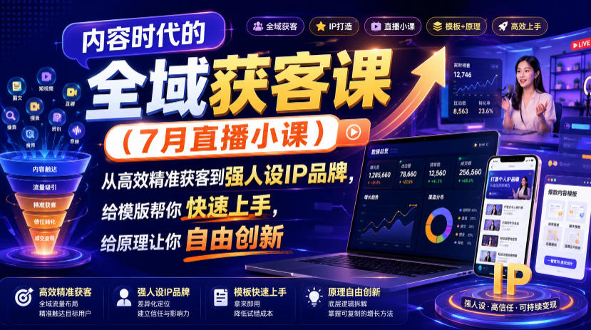 内容时代的全域获客课(7月直播小课)，从高效精准获客到强人设IP品牌，给模版帮你快速上手，给原理让你自由创新-云享网创