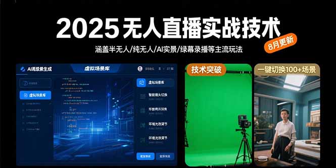 2025无人直播实战技术-8月，涵盖半无人/纯无人/AI实景/绿幕录播等主流玩法-云享网创