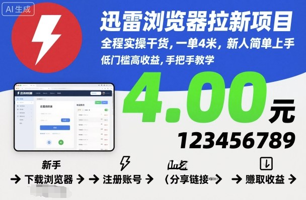 迅雷浏览器拉新项目，全程实操干货，一单4米，新人简单上手-云享网创