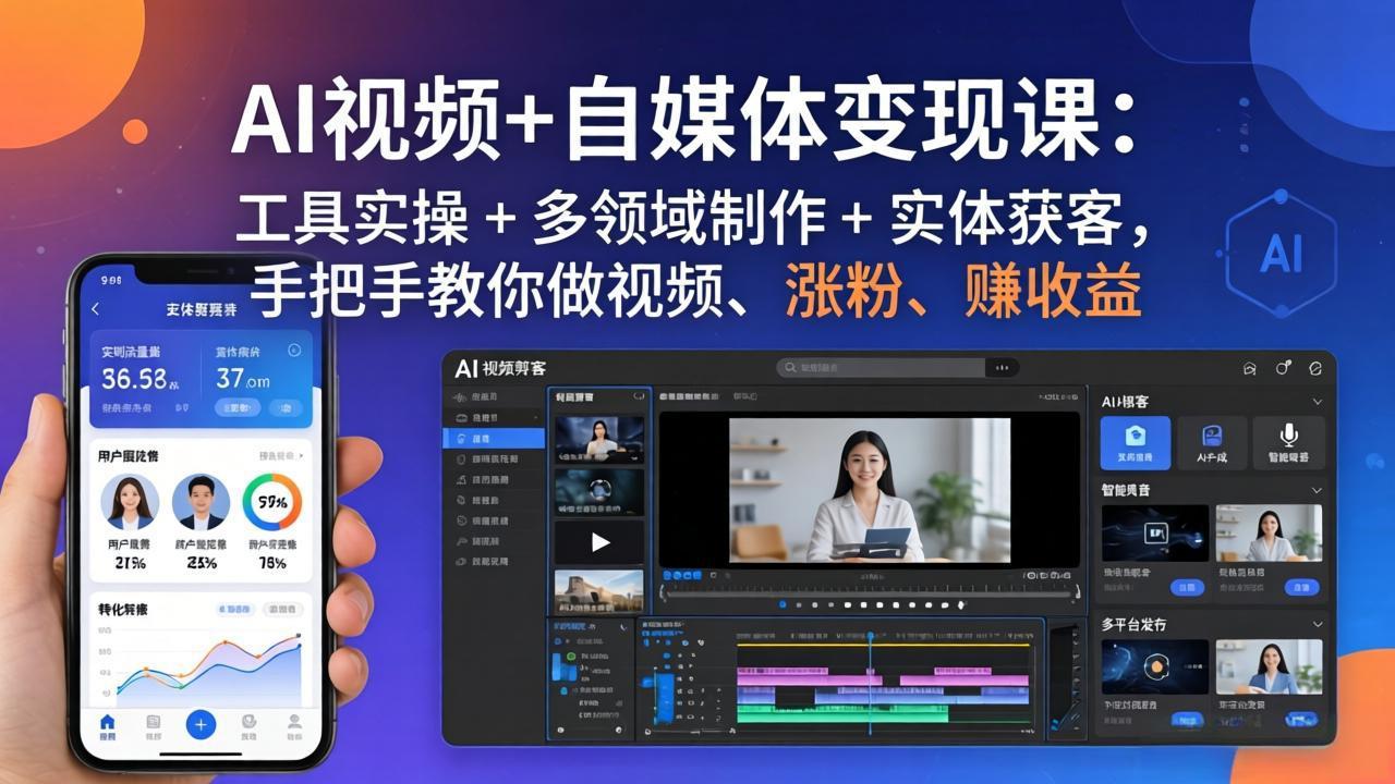 AI视频+自媒体变现课：工具实操 + 多领域制作 + 实体获客，手把手教你做视频、涨粉、赚收益-云享网创
