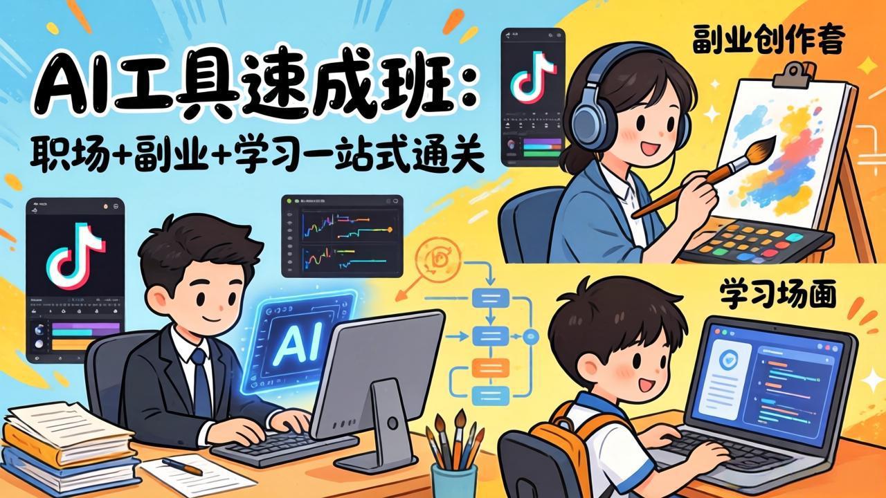 AI工具速成班：职场+副业+学习一站式通关，20+爆款类型+剪映技巧+抖音算法，0基础快速上手-云享网创