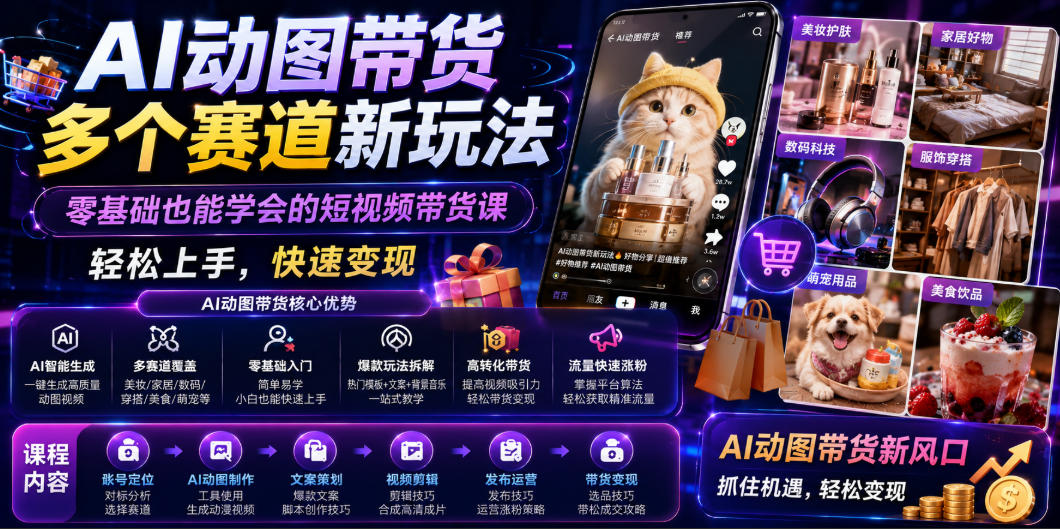AI动图带货多个赛道新玩法，零基础也能学会的短视频带货课，轻松上手，快速变现-云享网创