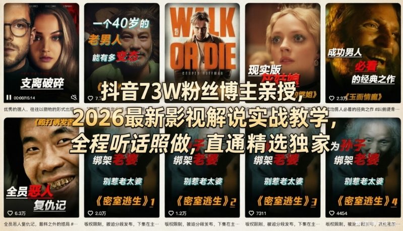 抖音73W粉丝博主亲授，2026最新影视解说实战教学，全程听话照做，直通精选独家-云享网创