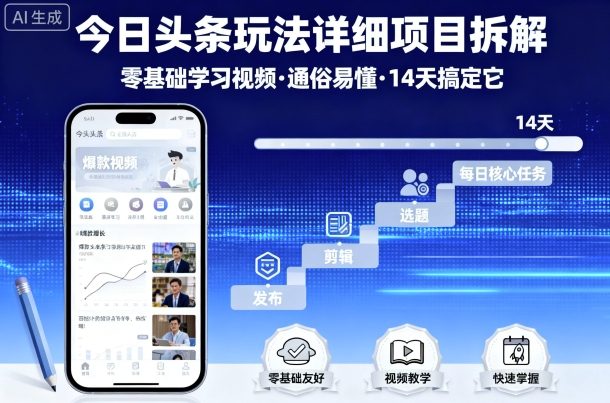 今日头条玩法详细项目拆解，零基础学习视频 通俗易懂 14天搞定它-云享网创