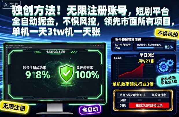 独创方法!无限注册账号,短剧平台全自动掘金,不惧风控,领先市面所有项目,单机一天3张【揭秘】-云享网创