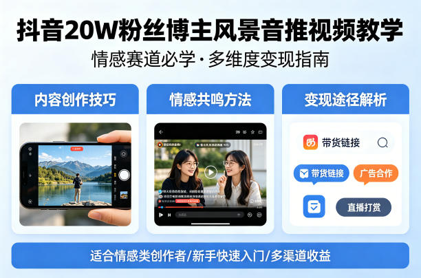 抖音20W粉丝博主风景音推视频教学,情感赛道必学,各种变现途径-云享网创