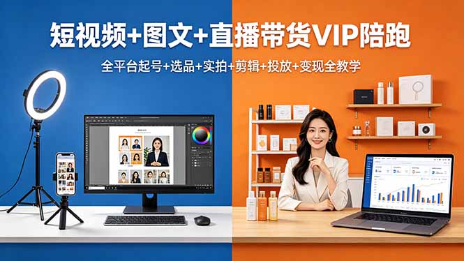 短视频+图文+直播带货VIP陪跑,全平台起号+选品+实拍+剪辑+投放+变现全教学-云享网创