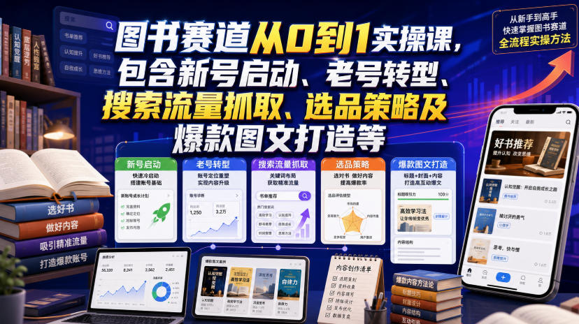 图书赛道从0到1实操课,包含新号启动、老号转型、搜索流量抓取、选品策略及爆款图文打造等-云享网创