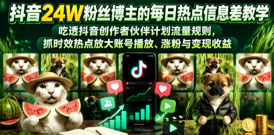 抖音24W粉丝博主的每日热点信息差教学，吃透创作者伙伴计划流量规则，抓时效热点放大账号播放、涨粉与变现收益-云享网创